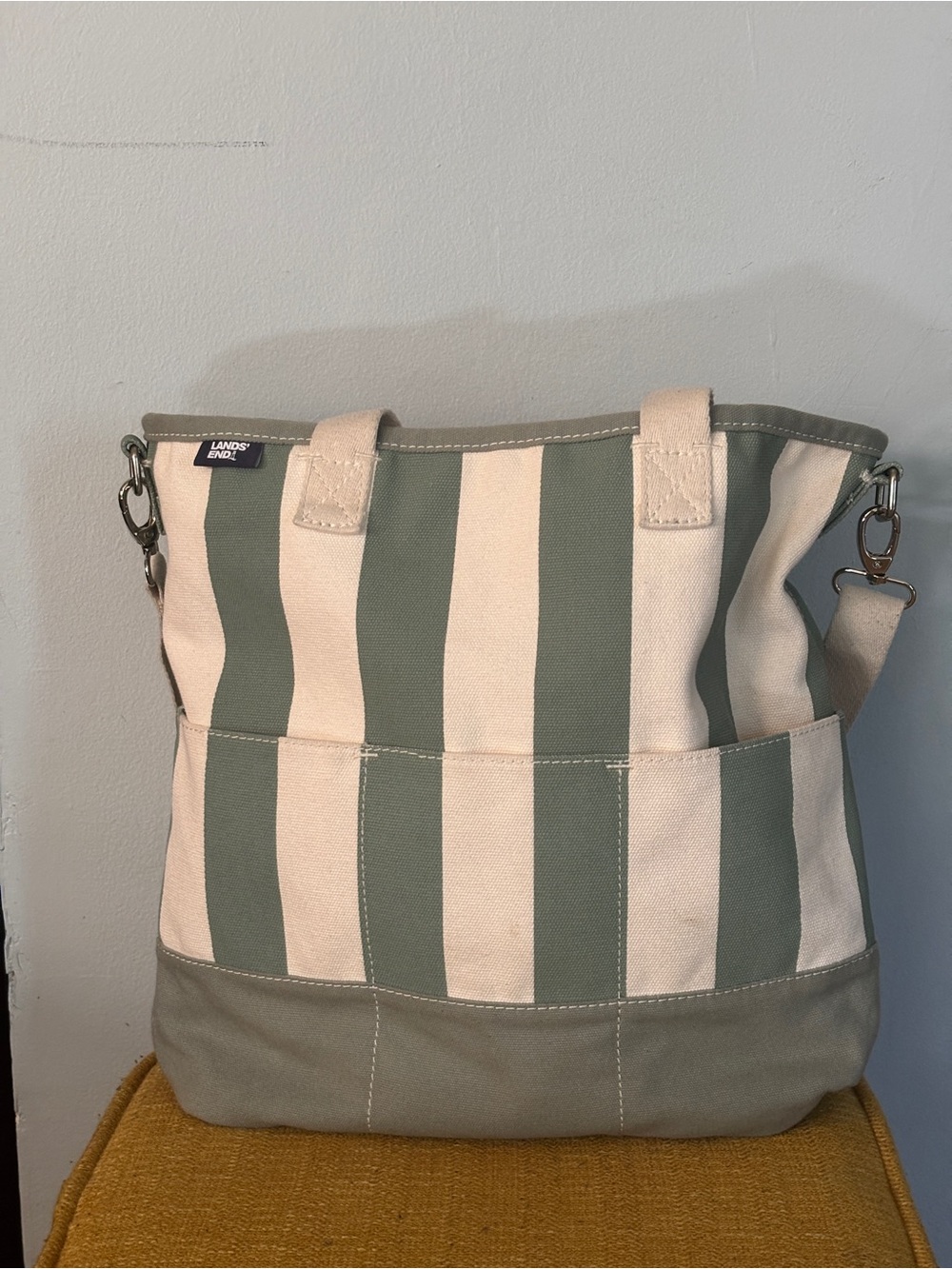 Lands' End Striped Canvas Tote in Sage & Cream - Picture 3 of 8